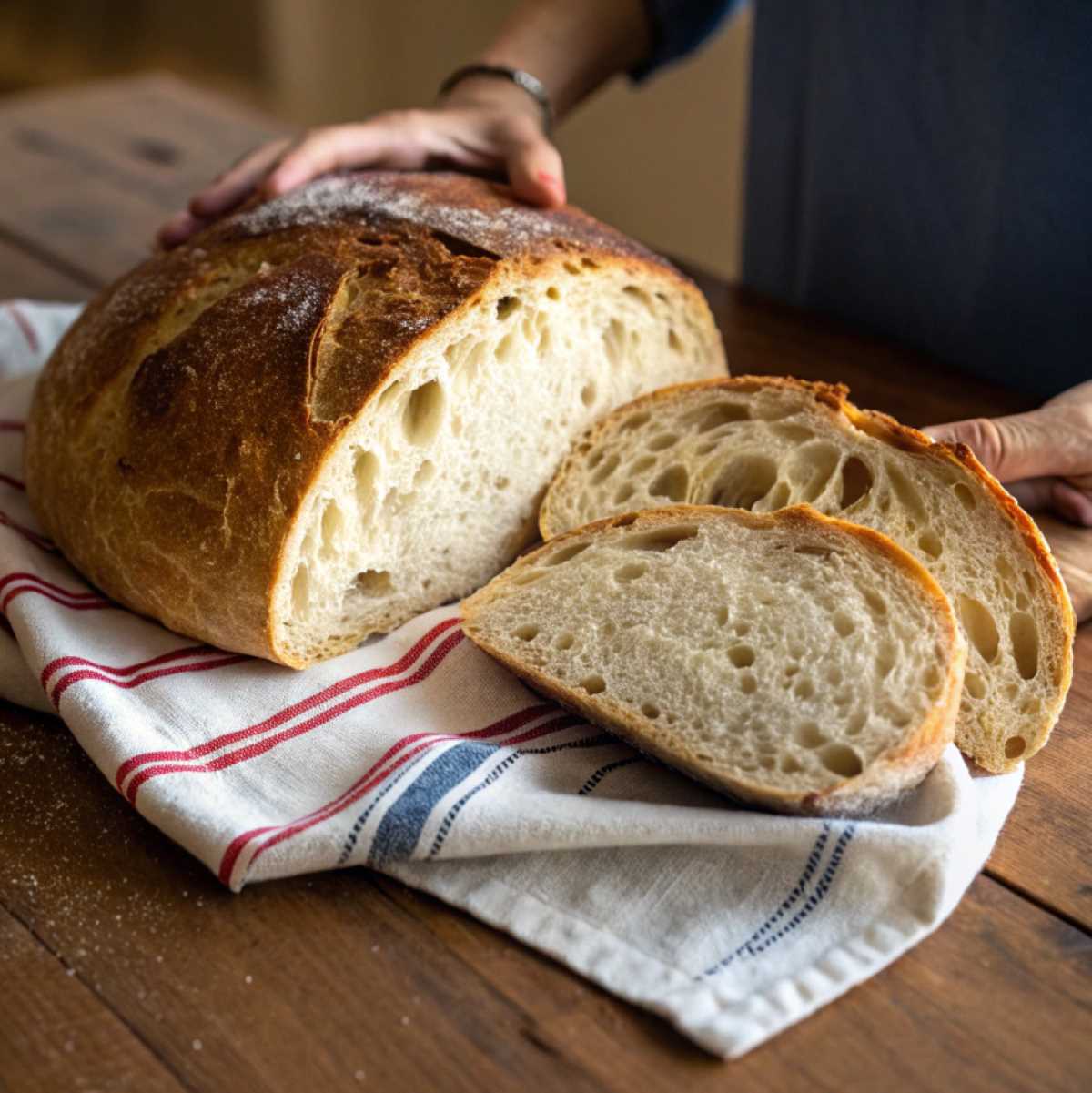 freshly baked loaf of sourdough bread on a rustic wooden table