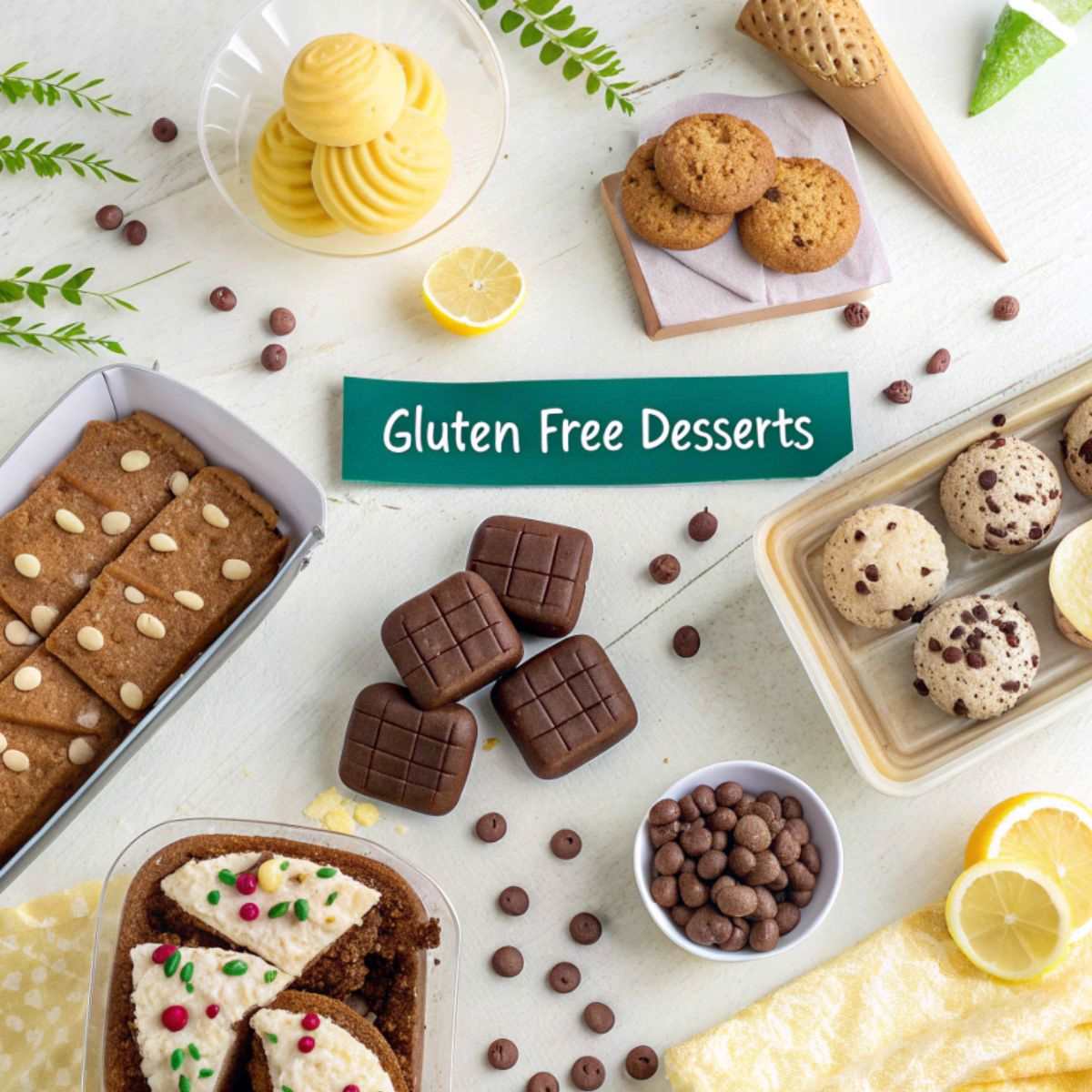 colorful flat-lay of gluten-free supermarket desserts, featuring cookies, cakes, and frozen options with gluten-free labels.