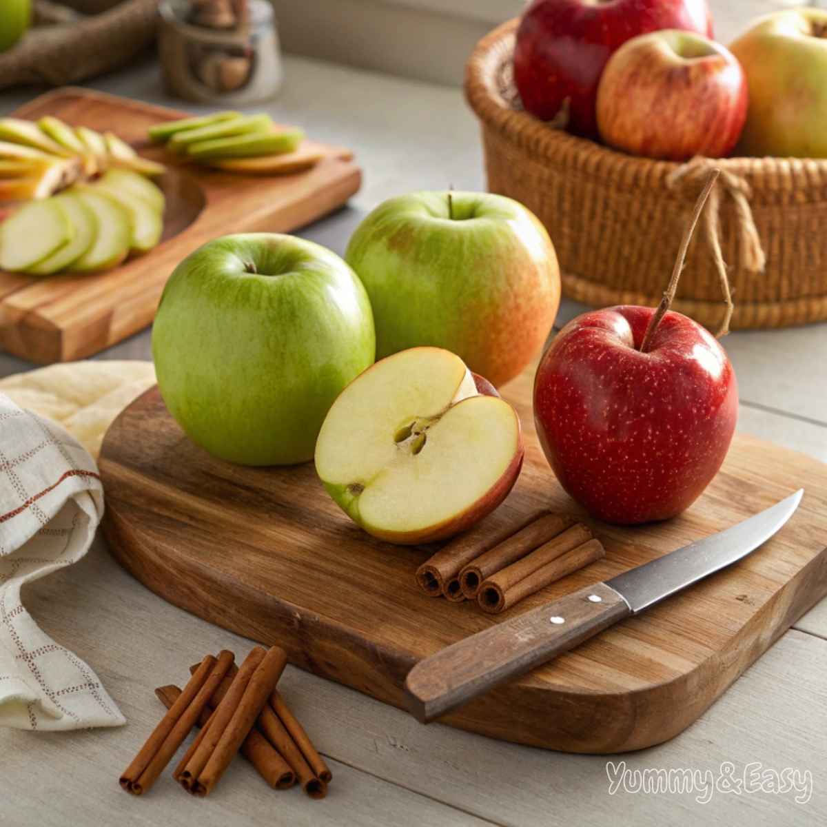 A selection of fresh apple varieties sliced and whole.