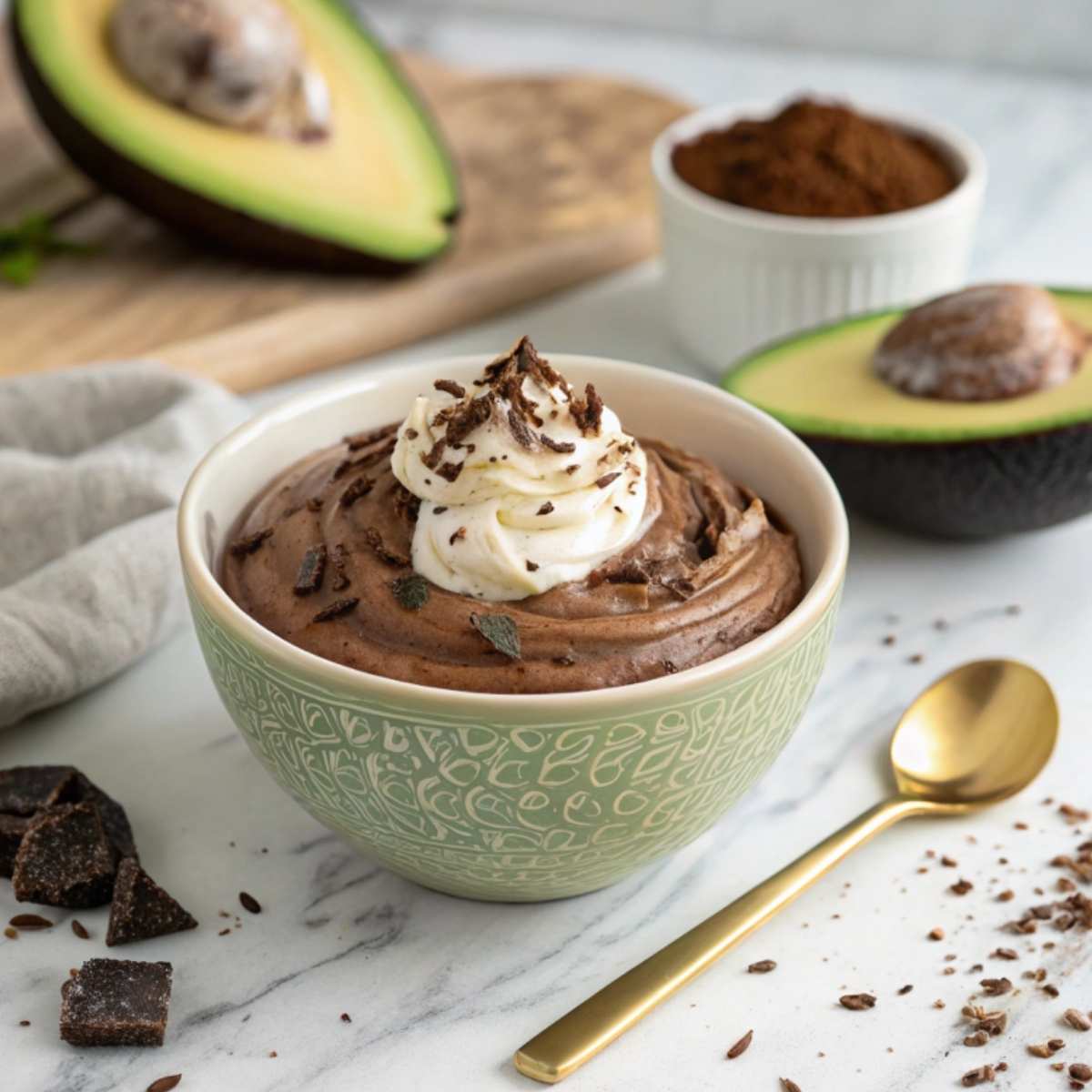 A bowl of chocolate avocado mousse with dairy-free whipped cream