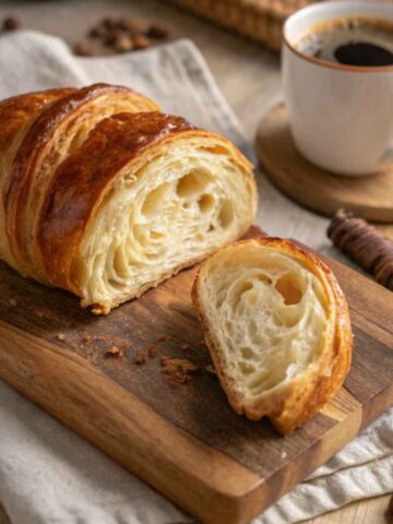 croissant on a wooden board with coffee.