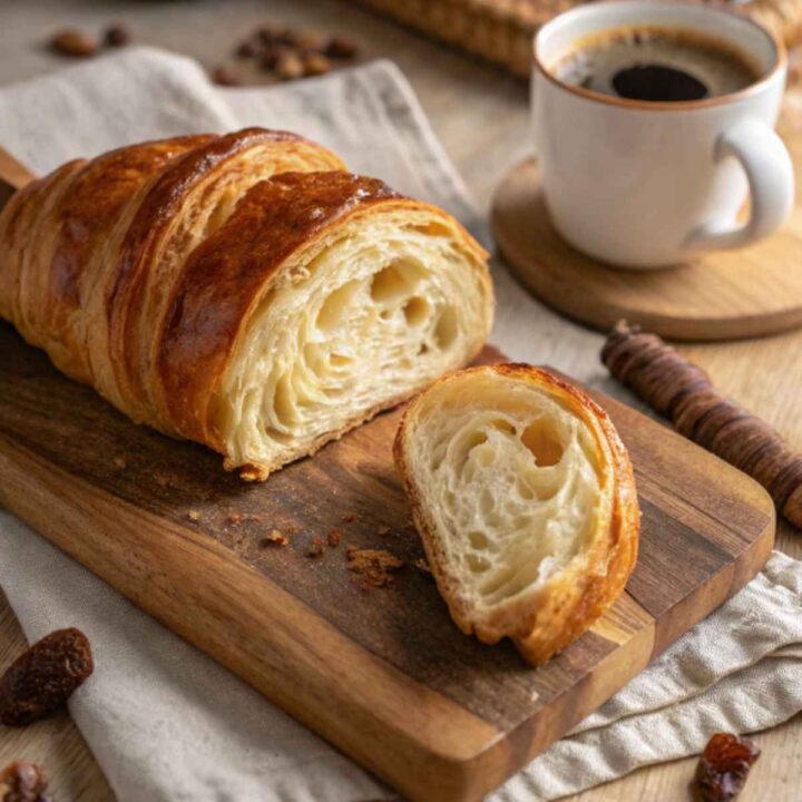 croissant on a wooden board with coffee.