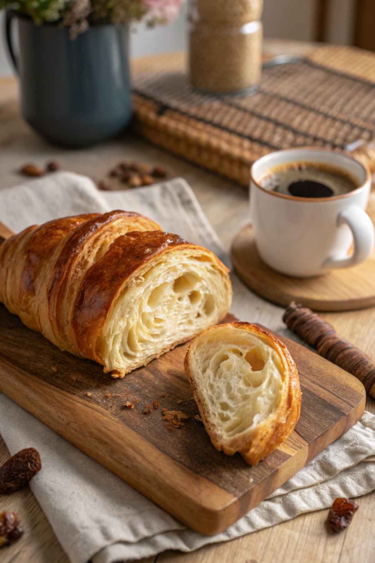 Golden gluten-free croissant on a wooden board with coffee.