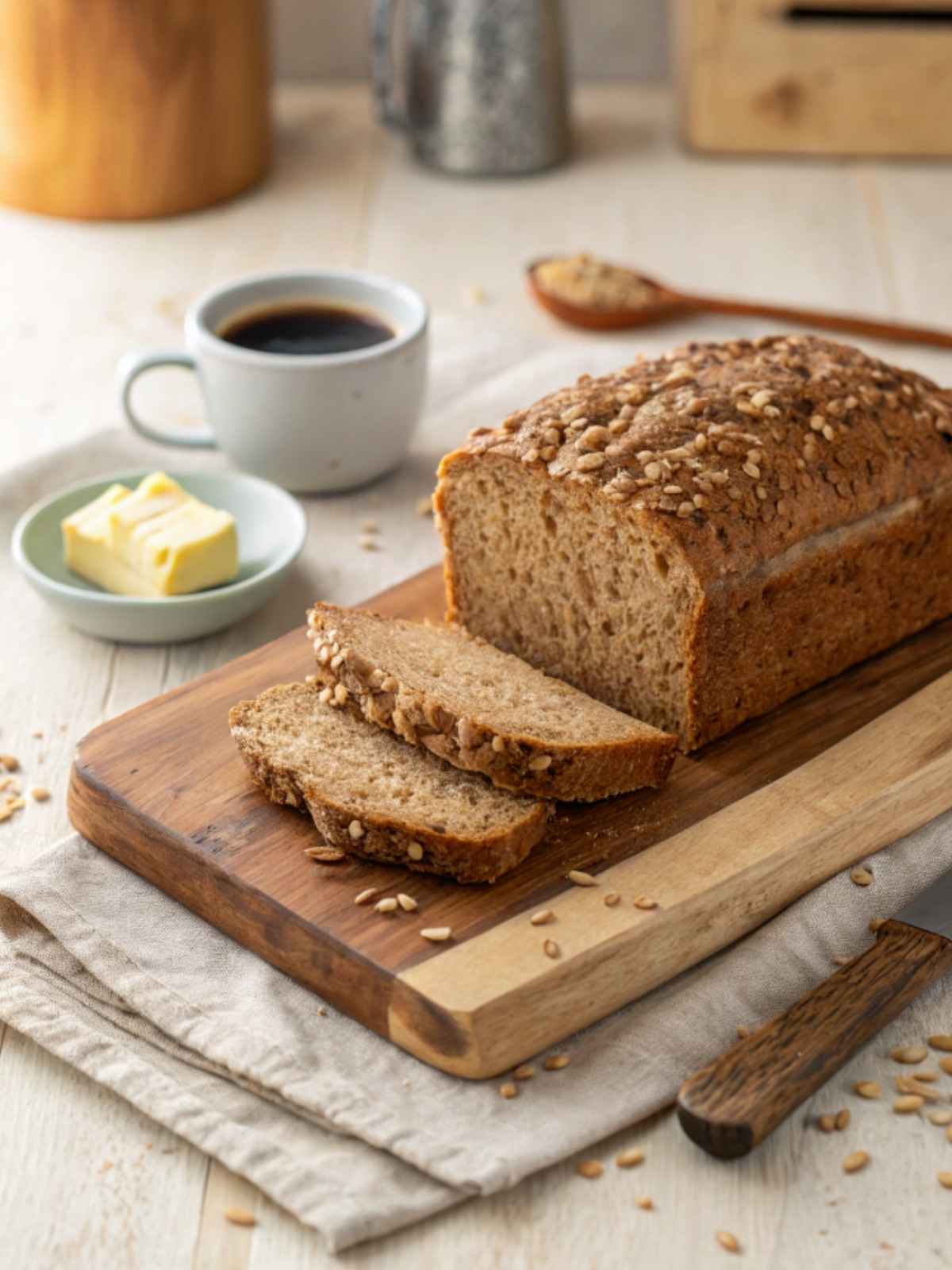 A loaf of Ezekiel bread on a wooden cutting board.