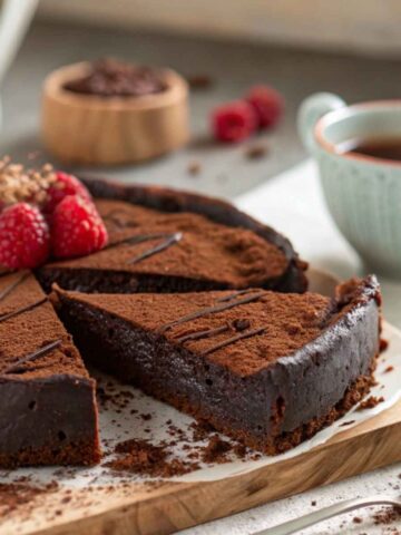 A slice of flourless chocolate cake with dairy-free ganache