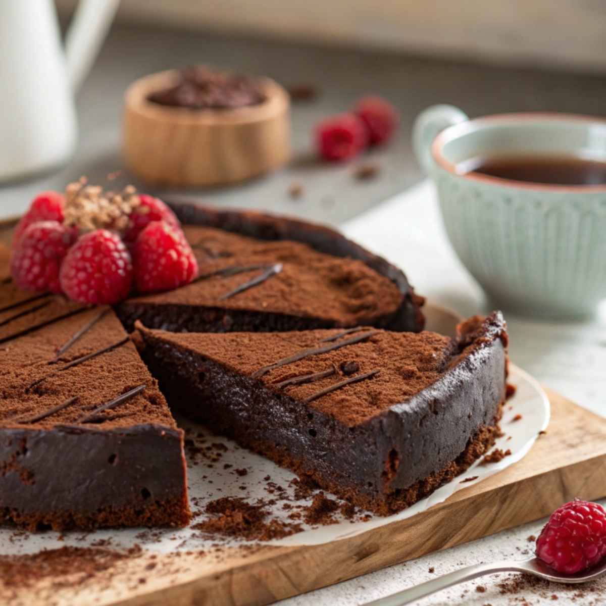 A slice of flourless chocolate cake with dairy-free ganache