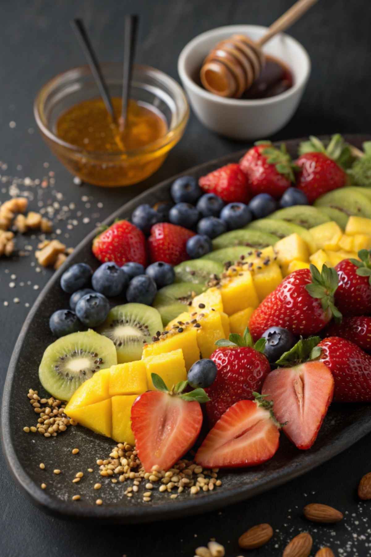 A colorful fruit platter with honey drizzle, naturally gluten-free