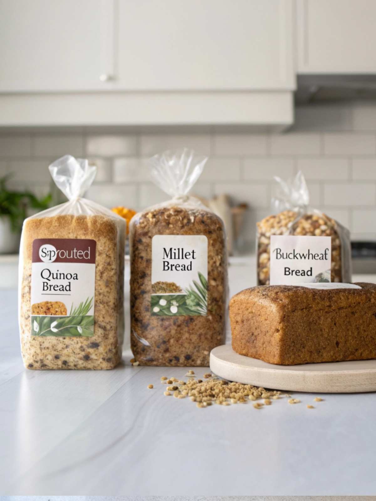 A variety of gluten-free sprouted bread alternatives on a kitchen counter.