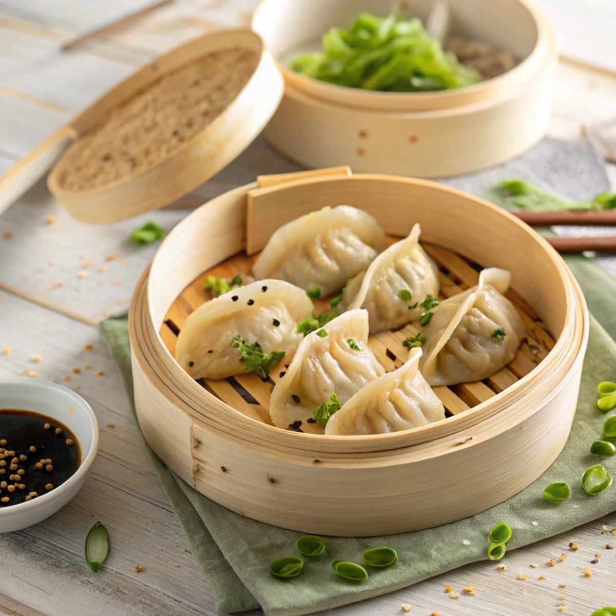 Fresh gluten-free dumplings in a bamboo steamer