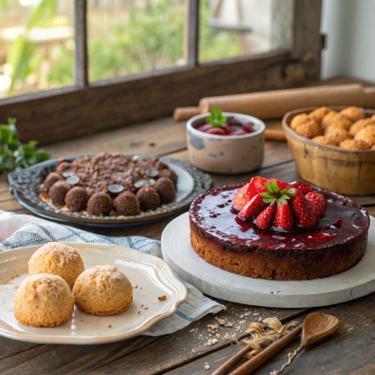 An assortment of gluten and dairy-free desserts on a rustic table