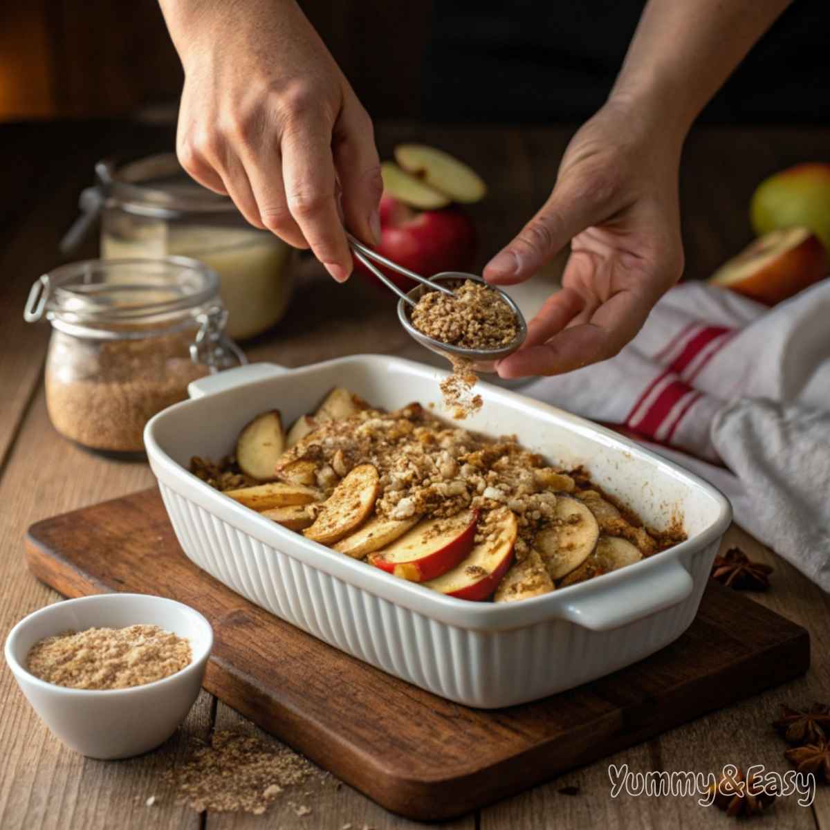 A baker's hands sprinkling oat topping over sliced apples.