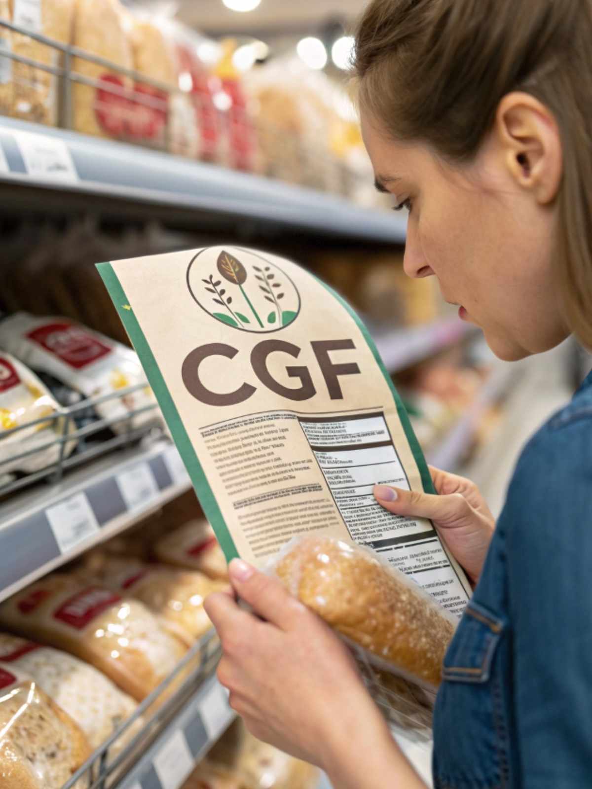 A person checking a gluten-free bread label in a grocery store.