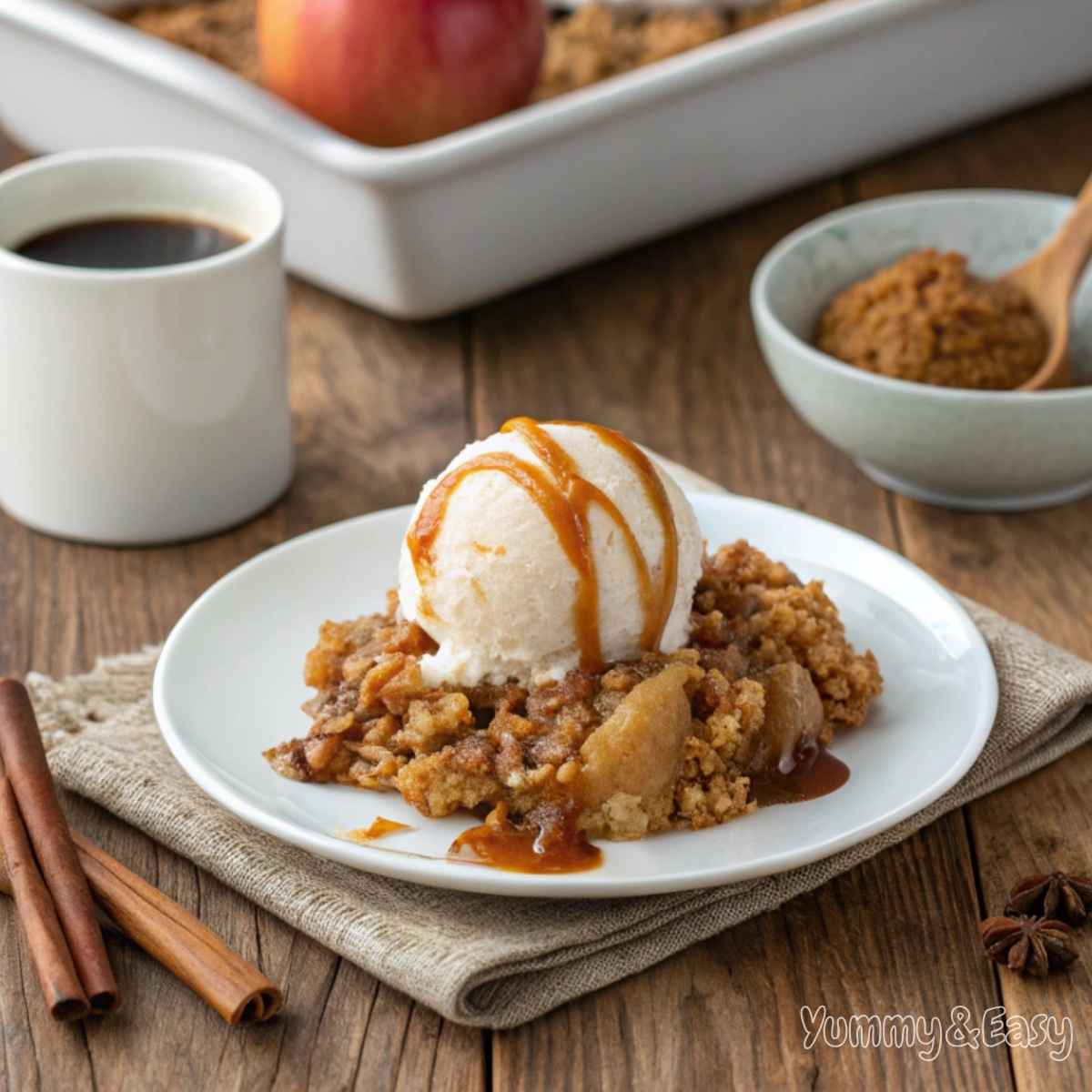 A warm apple crisp served with melting vanilla ice cream.