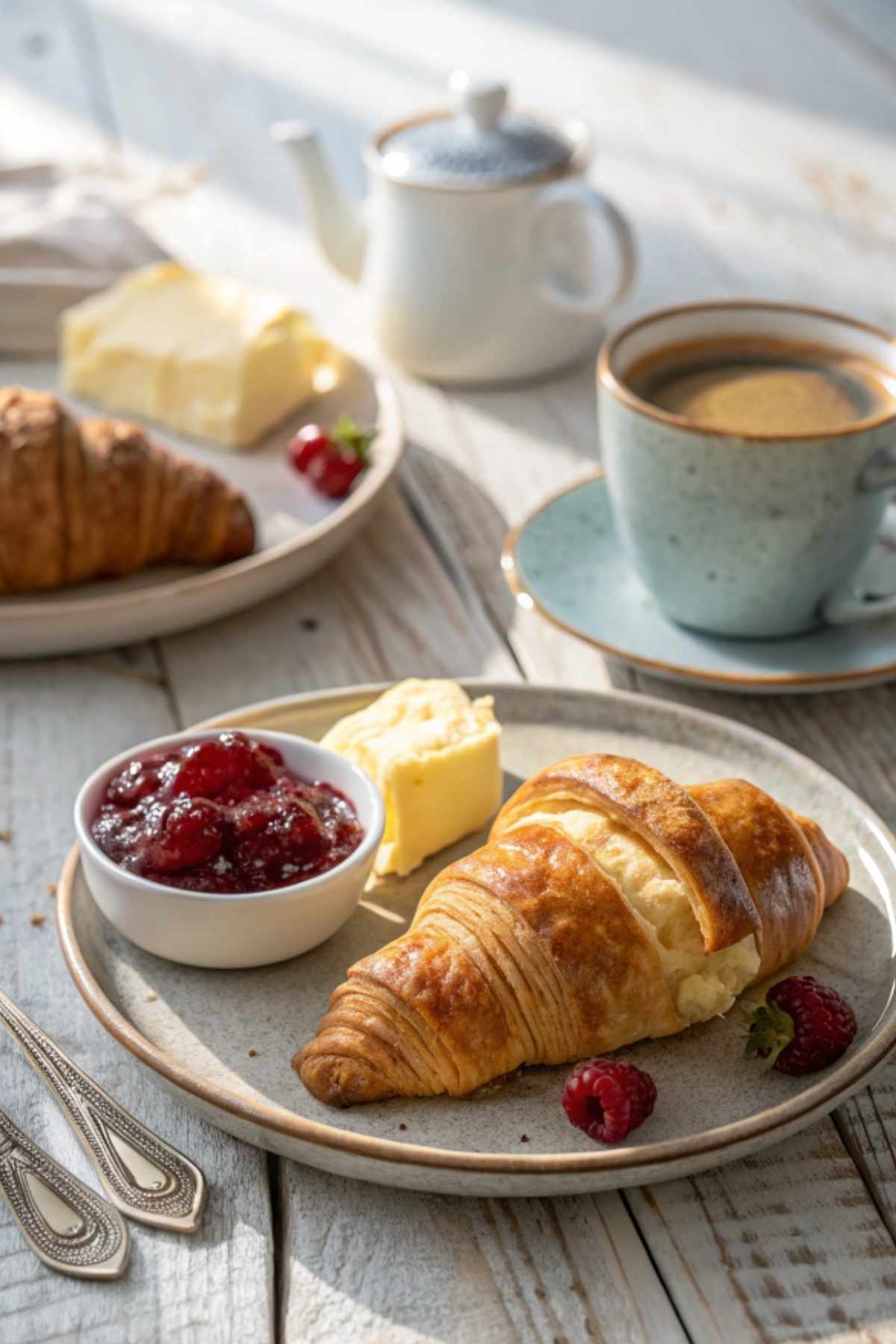 Gluten-free croissant served with jam, butter, and coffee.